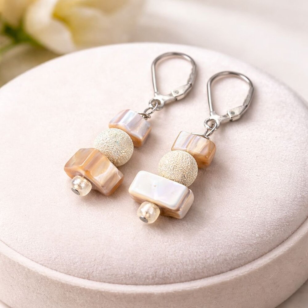 Handcrafted Dangle Earrings With Mother Of Pearl & Textured Gold-Tone Beads On L